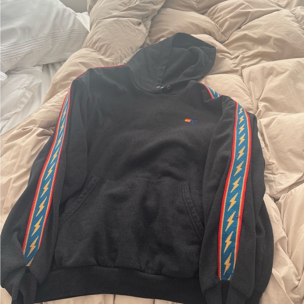 Aviator Nation Black Hoodie with Blue and Red Stripes